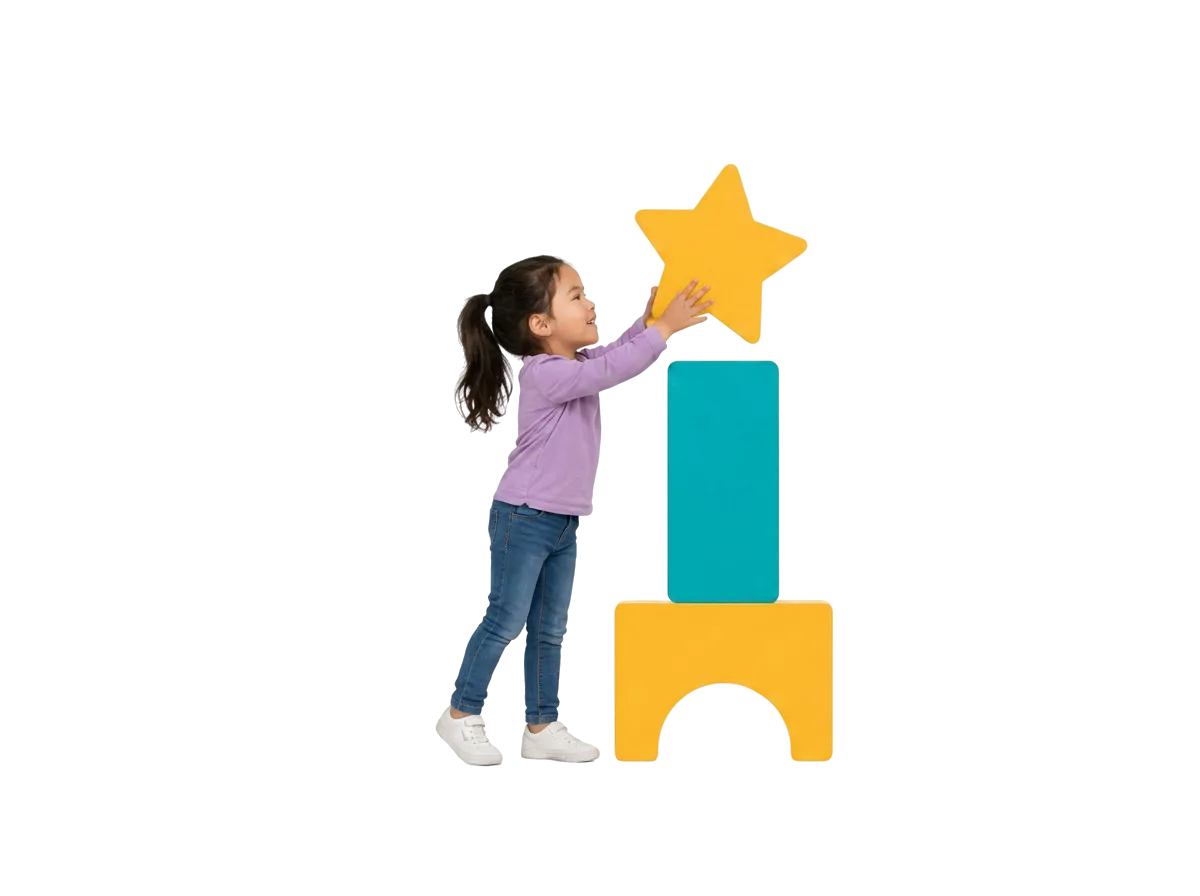 Girl reaching for a yellow star on stacked blocks