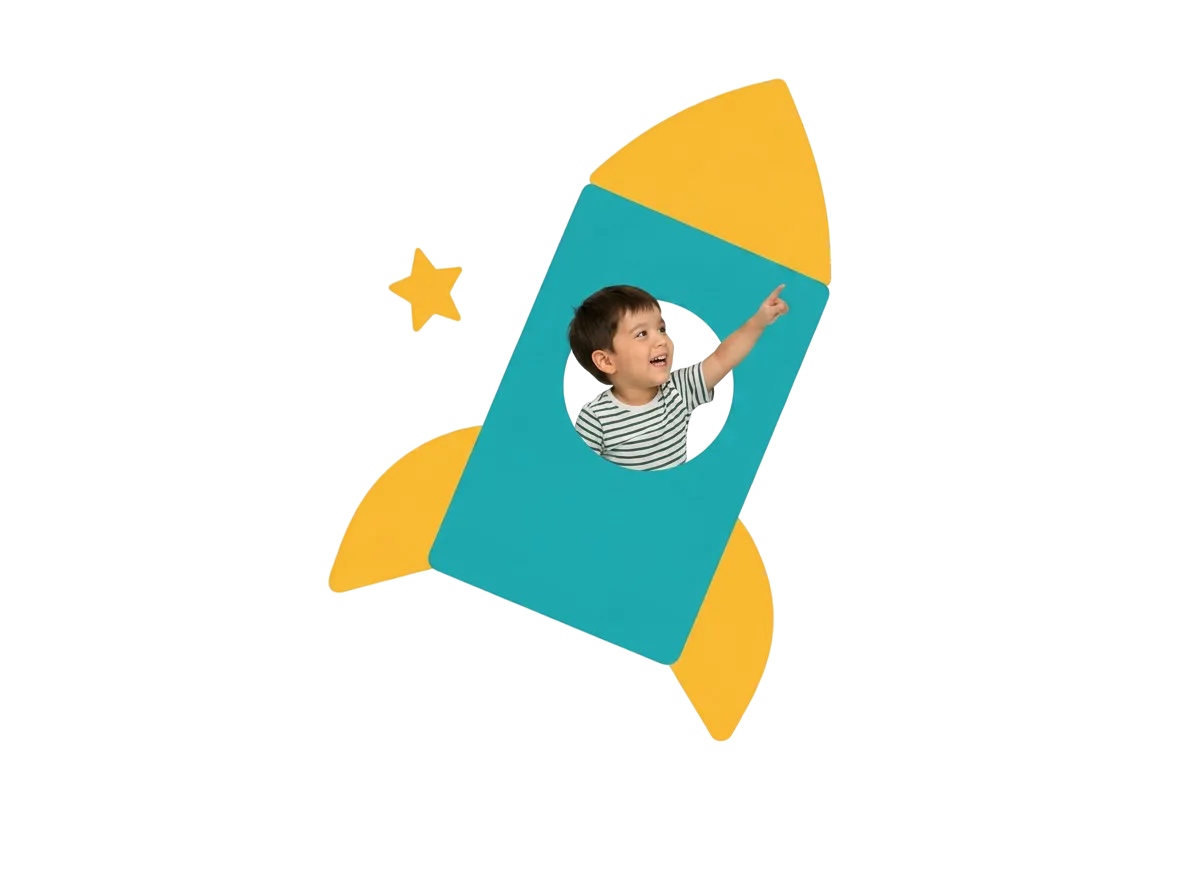 Child smiling out of a rocket flying past stars