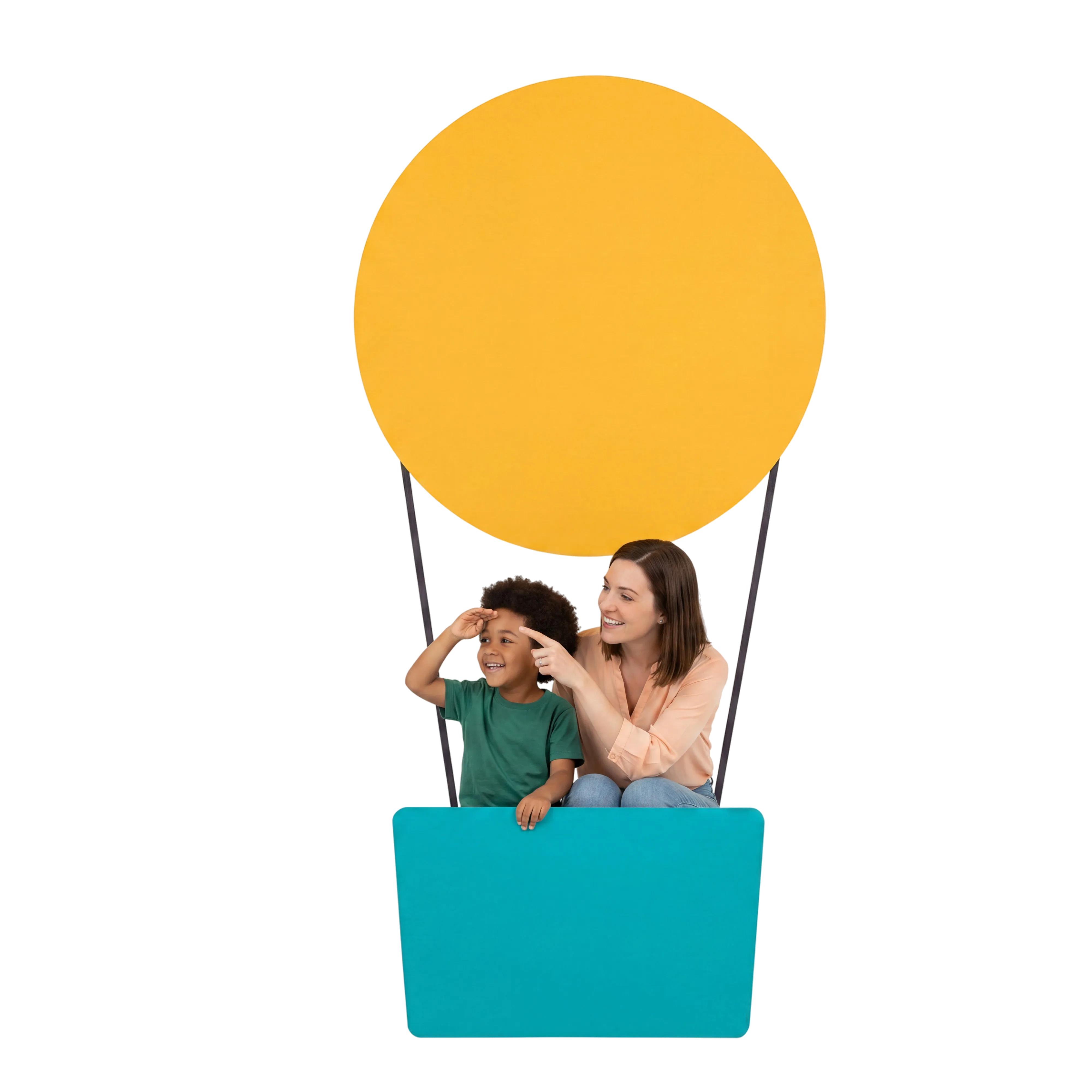 A mother and young child riding together in a yellow hot-air balloon