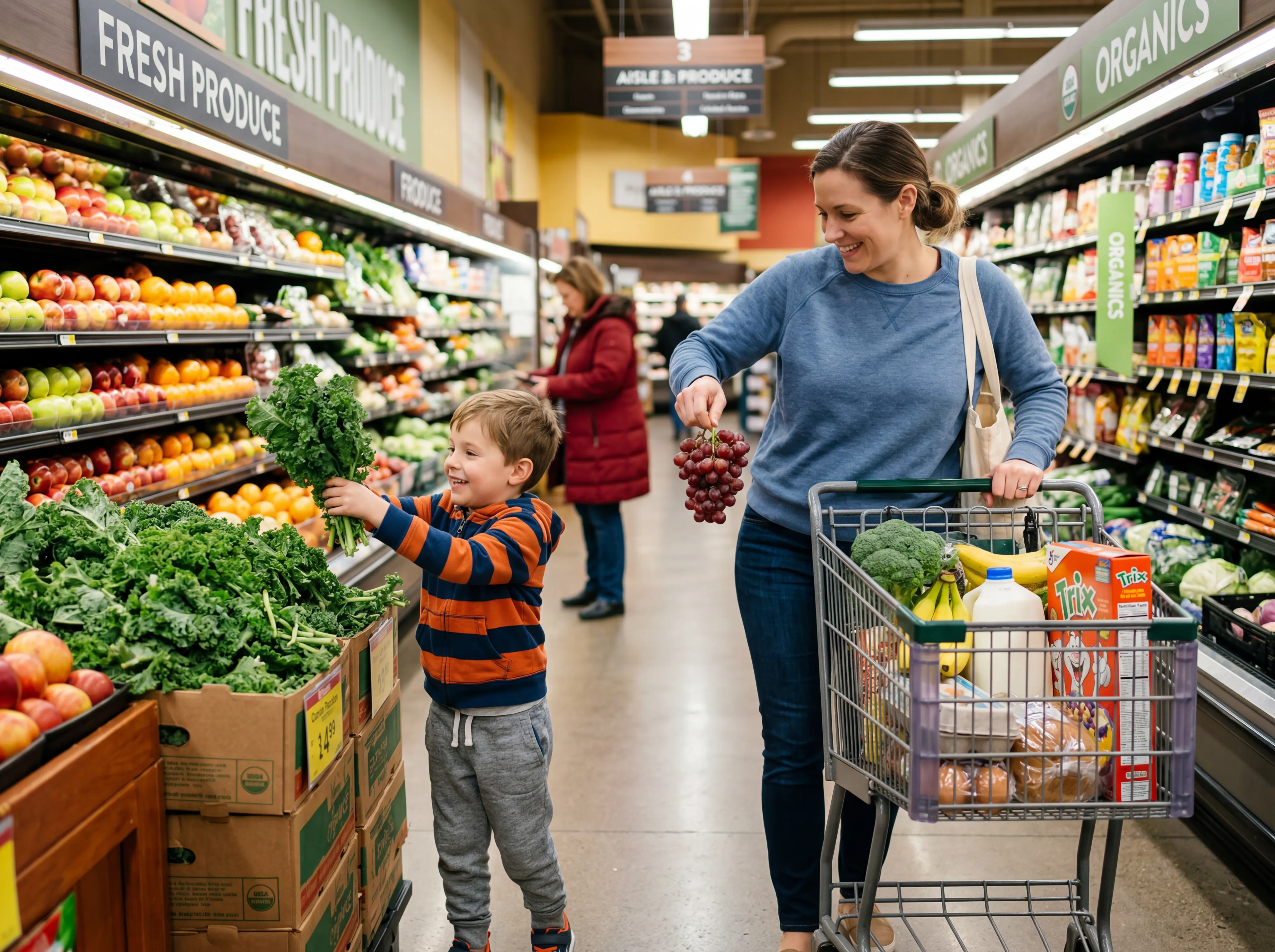 A parent and child shopping for fresh produce together at a grocery store