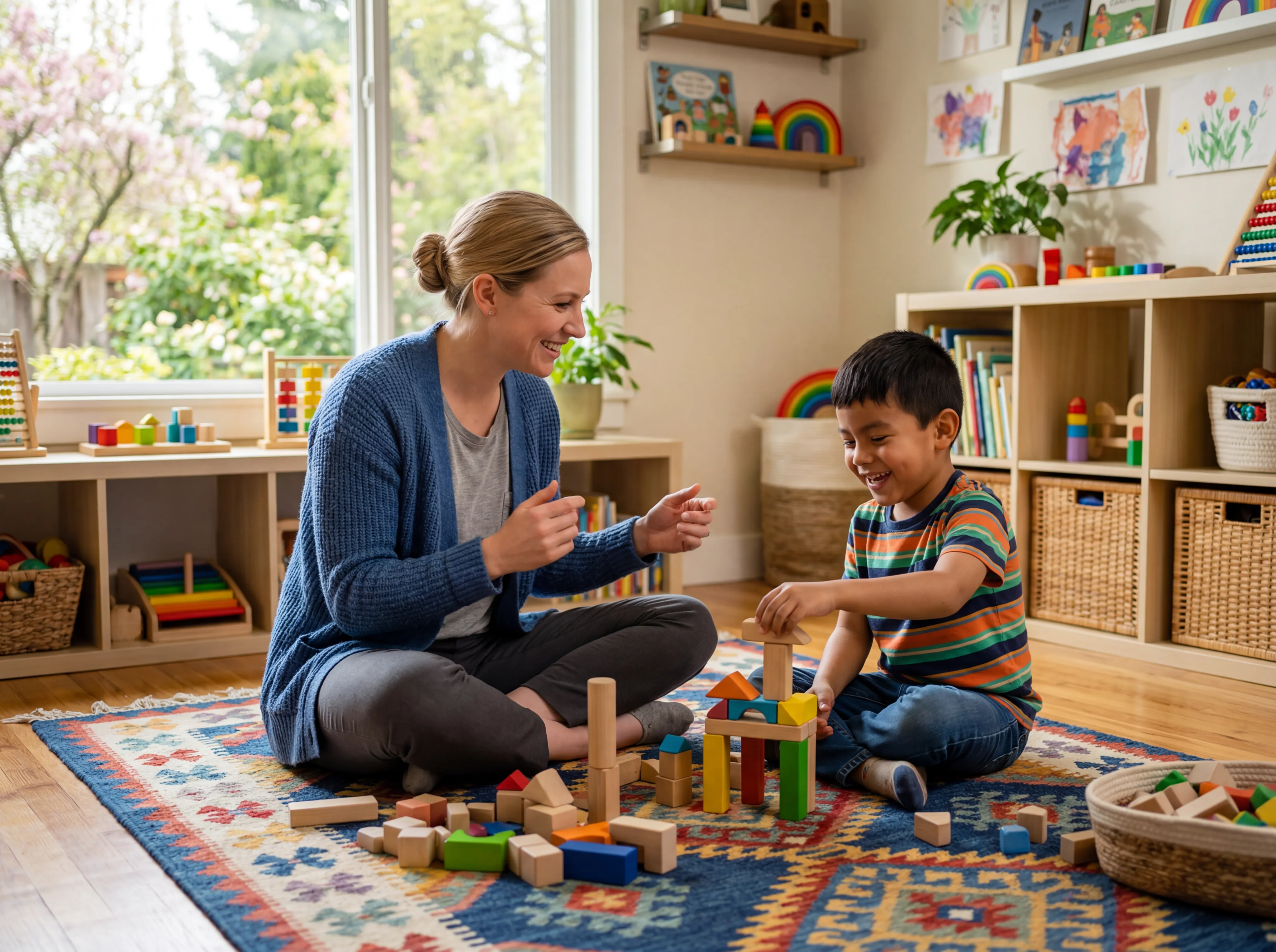 A therapist sitting on a rug with a smiling boy stacking colorful wooden blocks at home