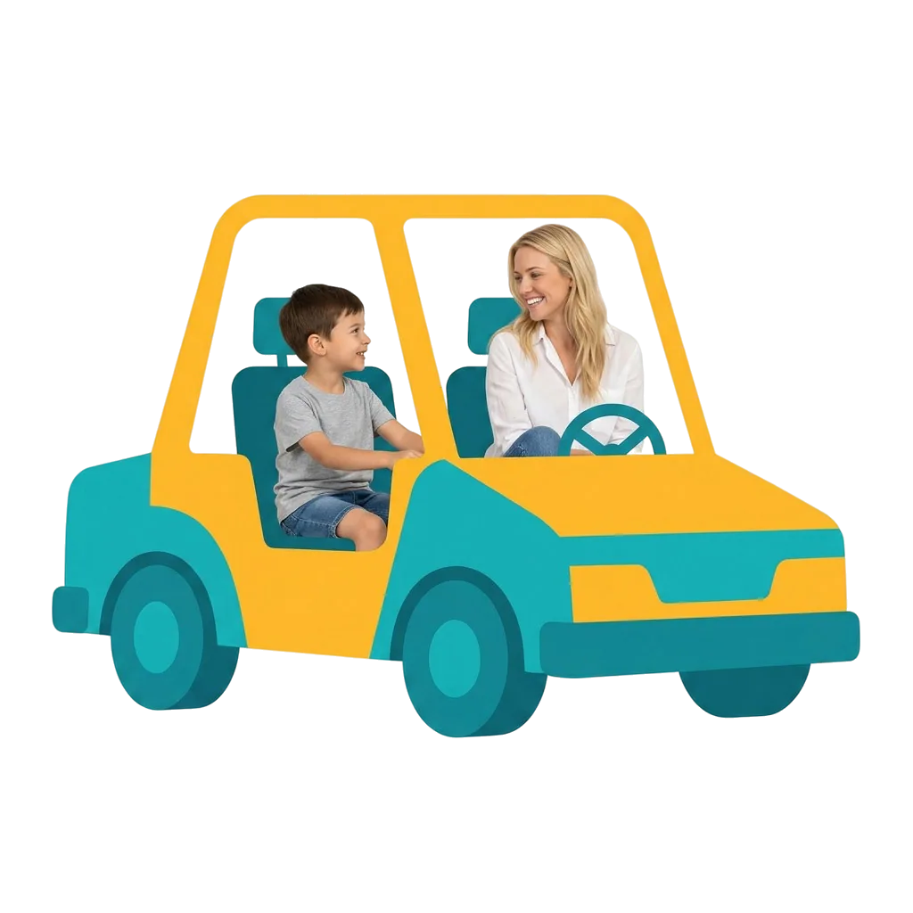 A smiling boy and a woman sitting together in a yellow toy car