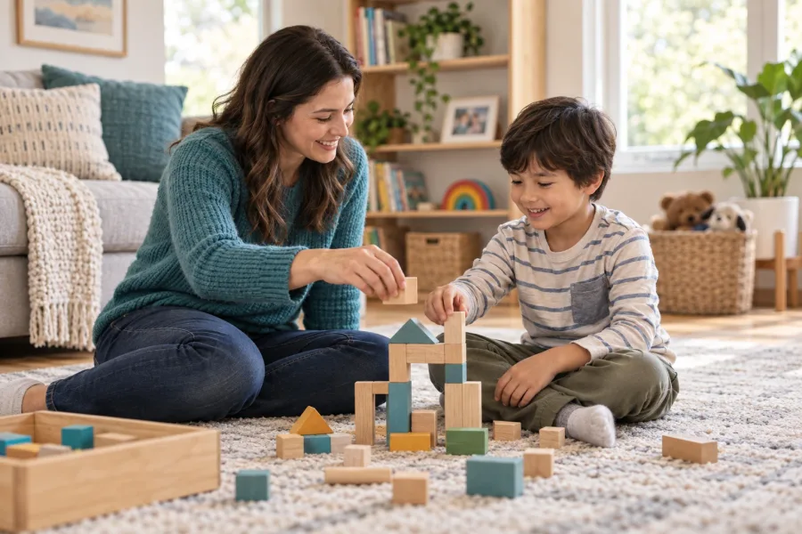 A mother and her young son building a tower with wooden blocks on the living-room rug