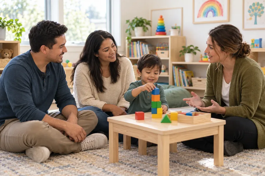 Two parents sitting on the floor with their son and his therapist during a play-based session