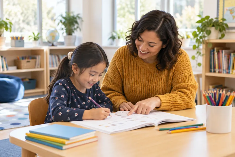 A teacher working through a workbook with a young student at a sunlit classroom table