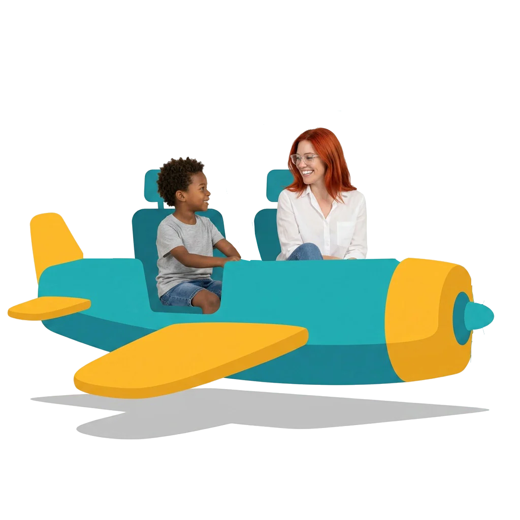 A young boy and a woman riding together in a yellow toy airplane, smiling at each other