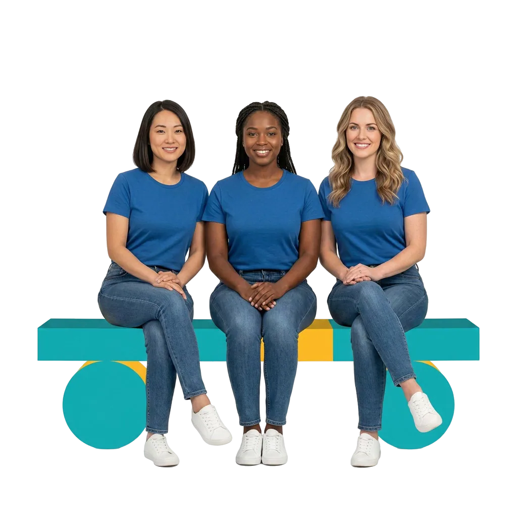 Three Utilize ABA team members sitting together on a brand-colored bench