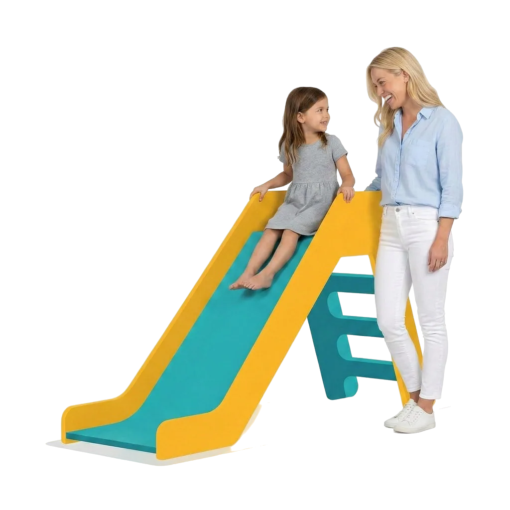 A mother and her young daughter playing together on a teal and yellow toy slide
