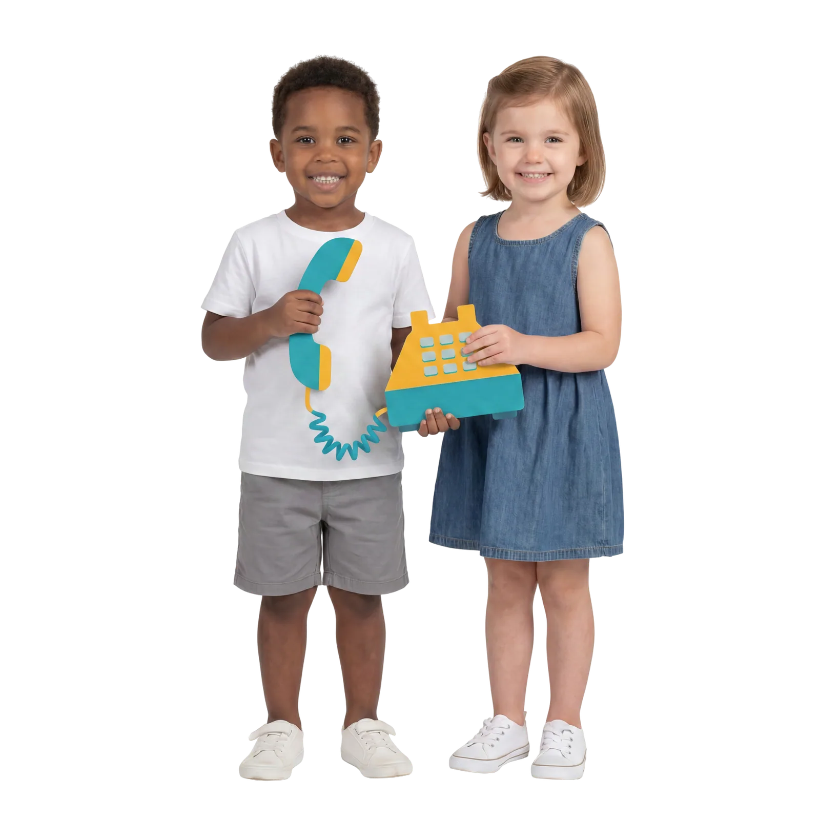 Two children holding a toy phone receiver and base