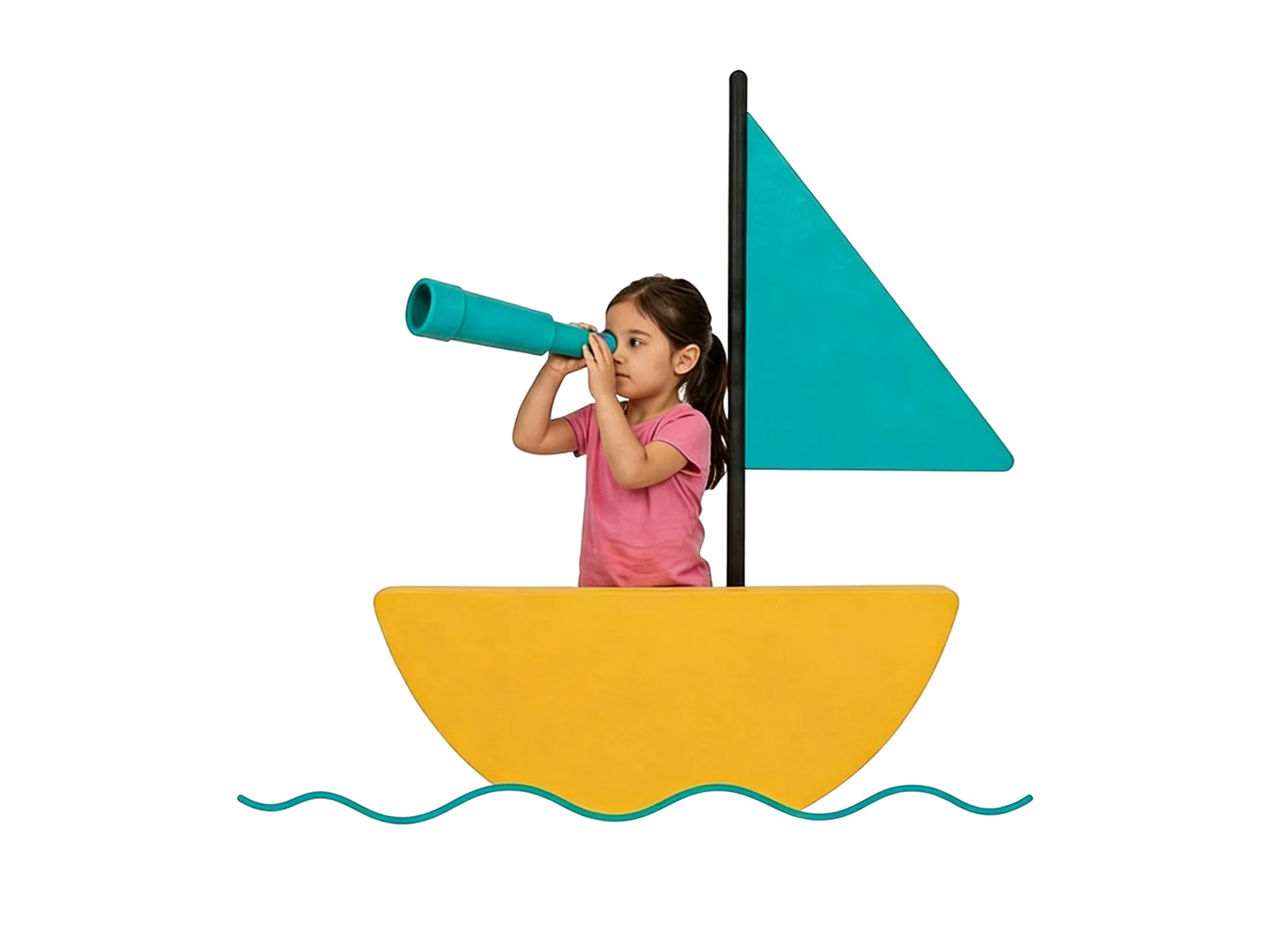 Girl with telescope on yellow boat