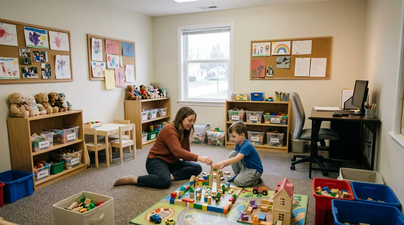 Therapist sitting on the floor of a colorful playroom, playing with wooden blocks alongside a young child