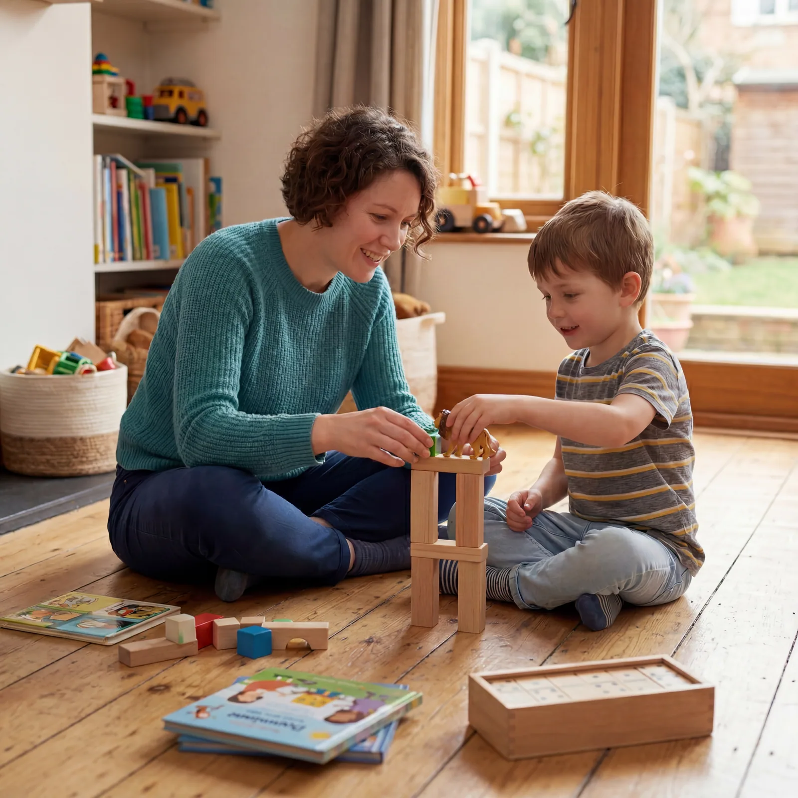 A parent and young child building with wooden blocks together at home