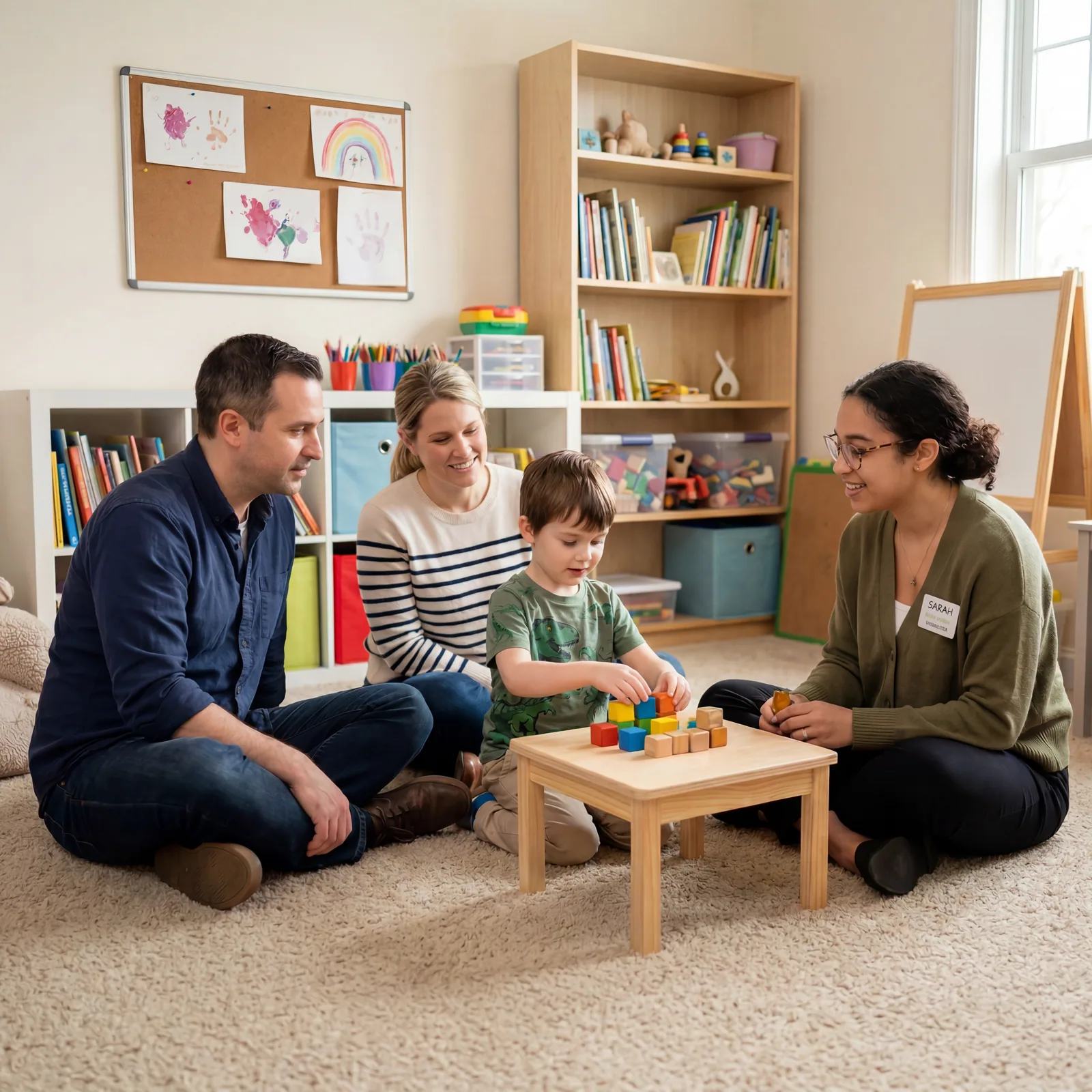 A family with a young child in a play session with two clinicians
