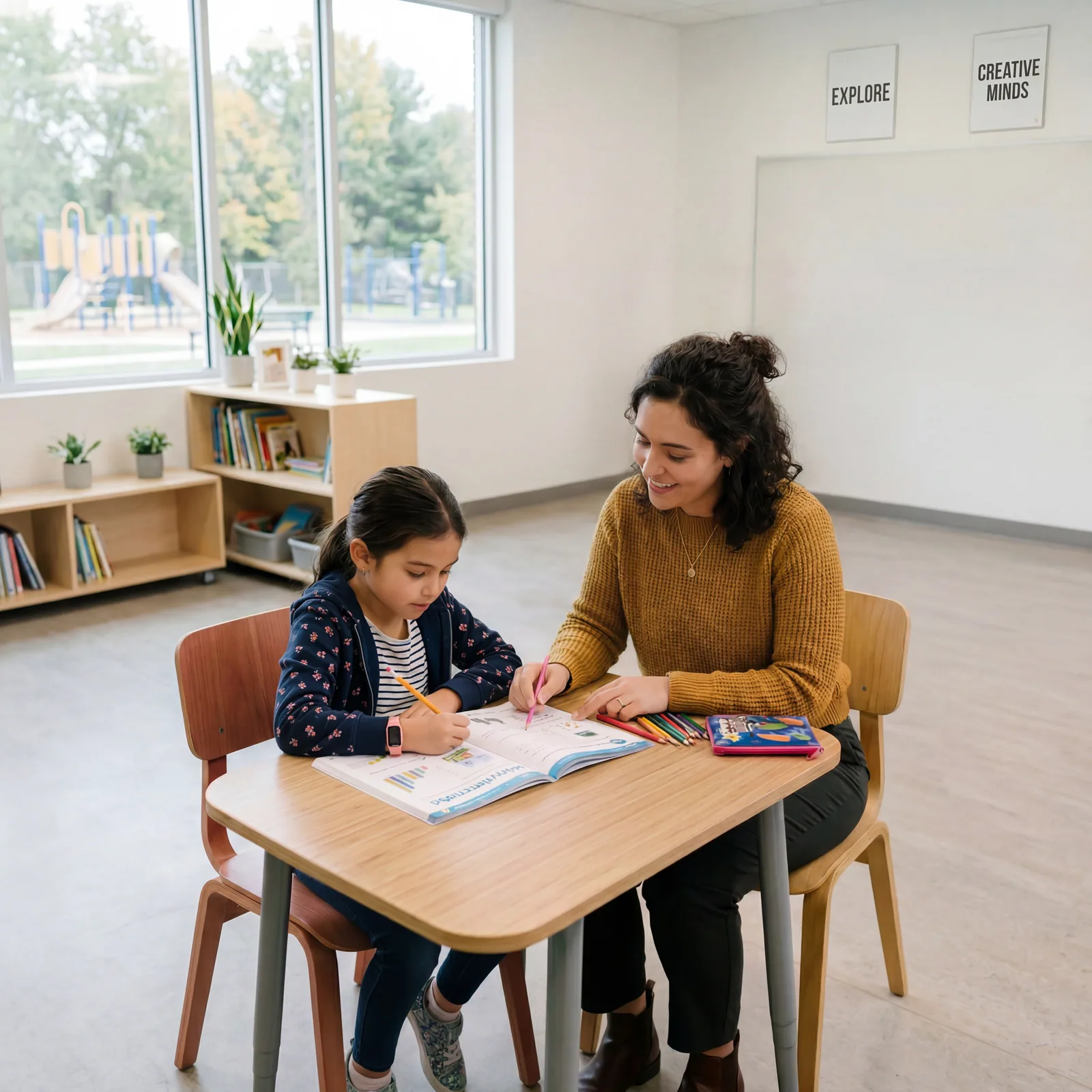 A teacher working one-on-one with a young student at a classroom table