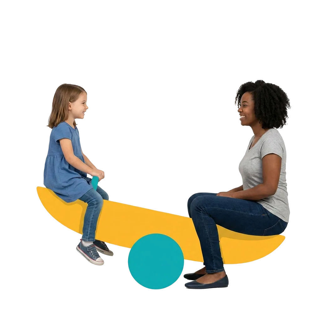A young girl and a woman balancing together on a yellow seesaw, smiling at each other