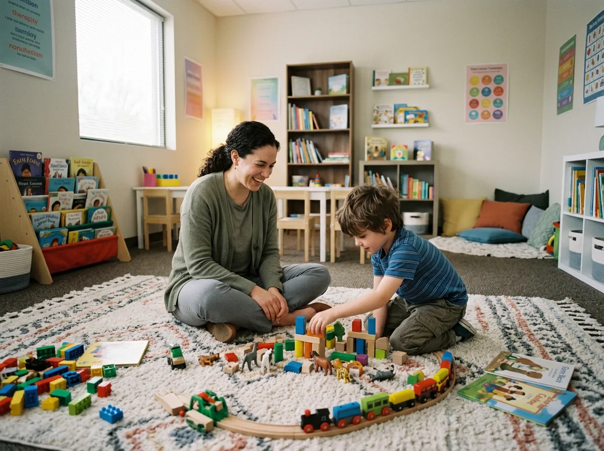A therapist and a young child playing together with building blocks on the floor