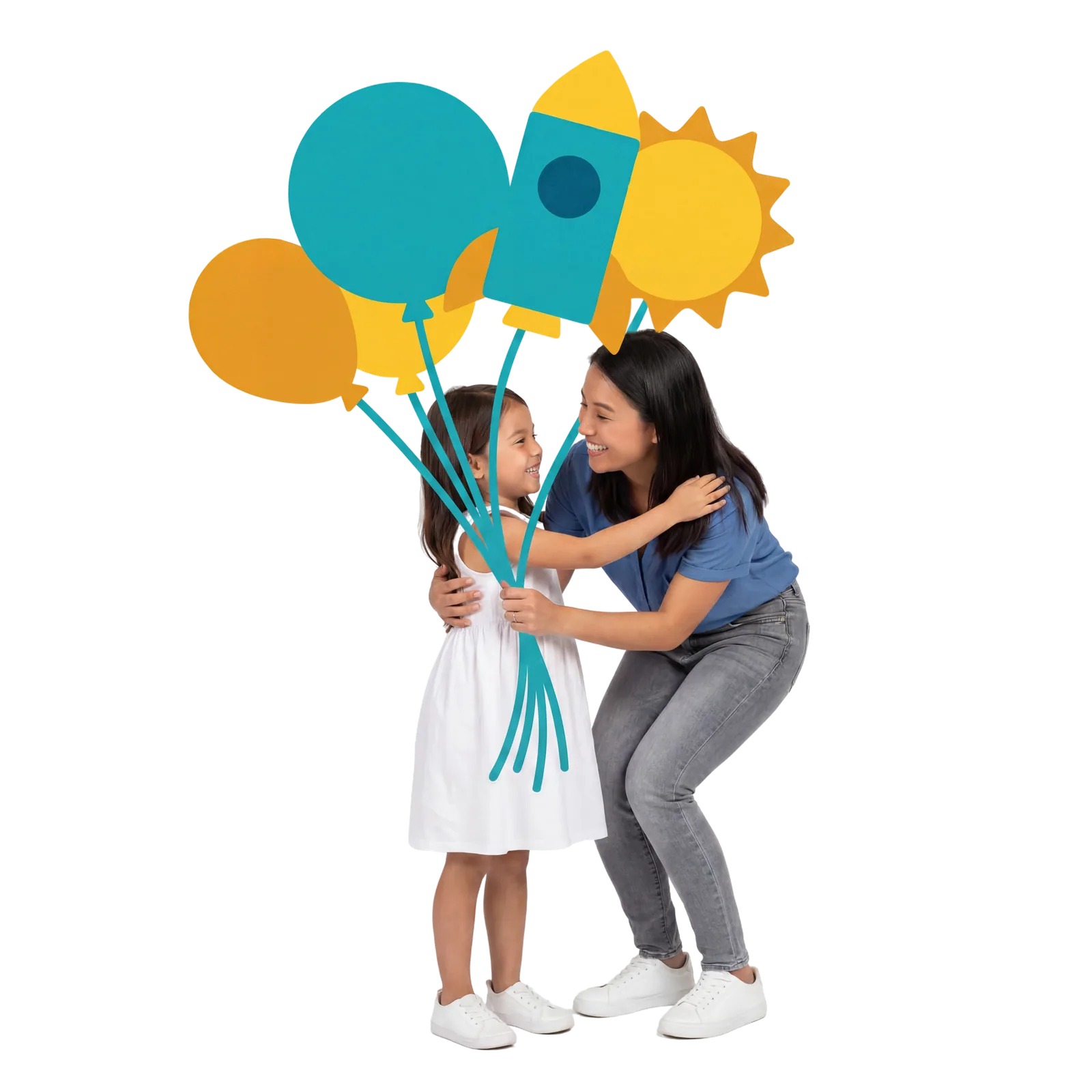 A young girl in a white dress and a woman embracing while holding a bunch of teal and yellow balloons