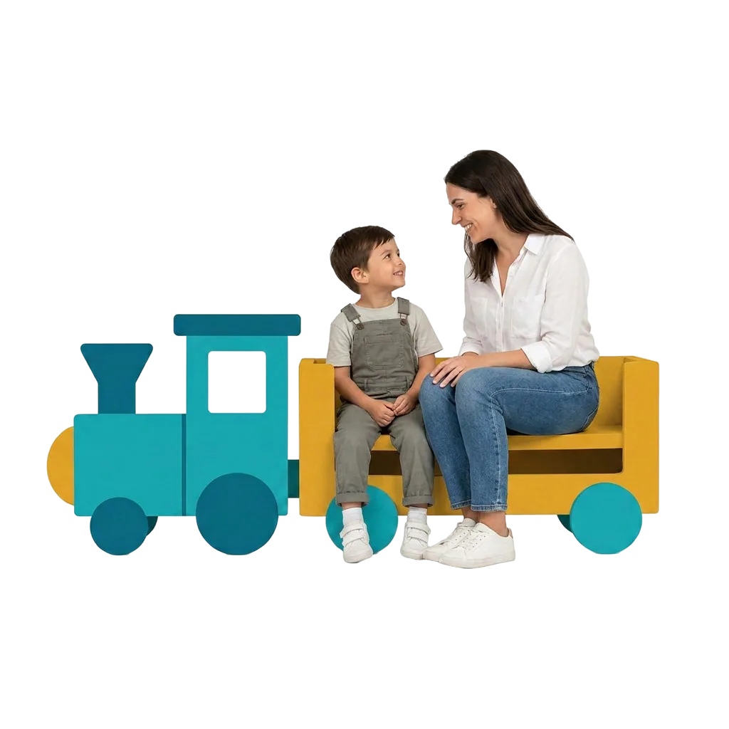 Mother and child sitting on a yellow toy train, smiling at each other